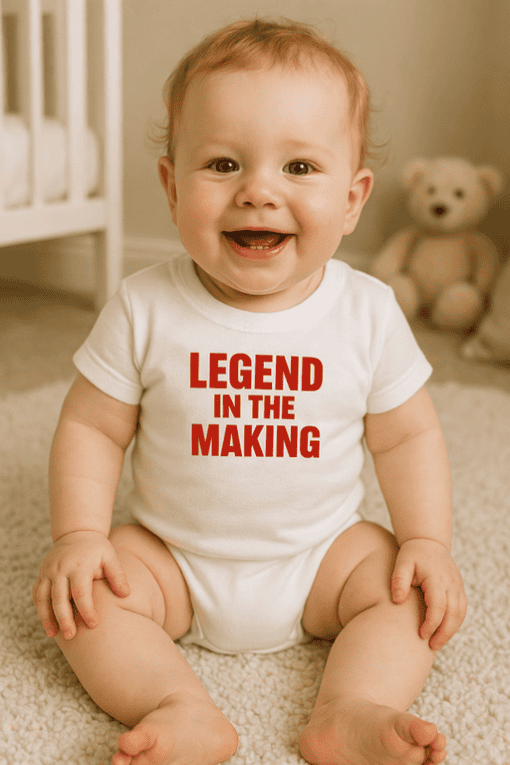 Cheerful baby wearing "Legend in the Making" T-shirt, adorable milestone photo, baby fashion, cute toddler clothes, baby T-shirts.