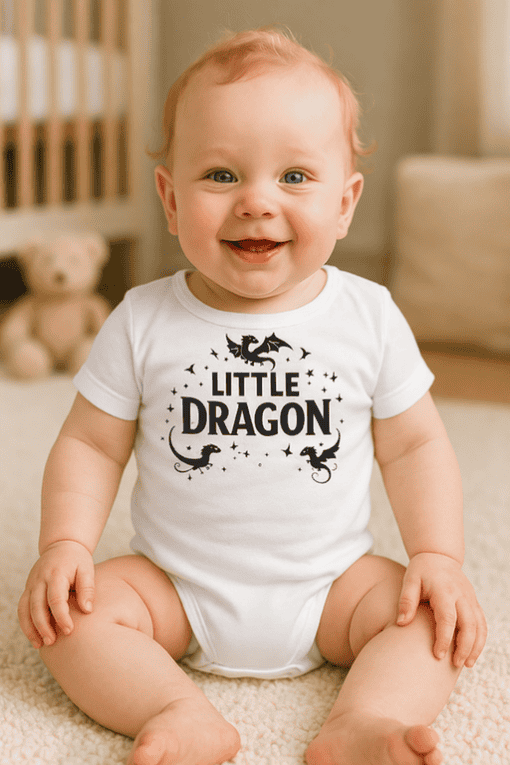 Little dragon baby onesie, adorable infant clothing, fantasy dragon design, cute toddler t-shirt for kids.