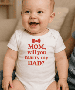 Cute baby onesie with funny wedding proposal message, perfect for baby shower and family photoshoot.