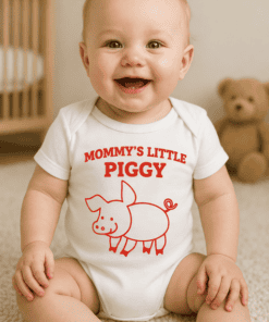 Cute baby wearing "Mommy's Little Piggy" T-shirt, adorable infant photo, perfect for kids' clothing fashion, T-shirtplease.com.