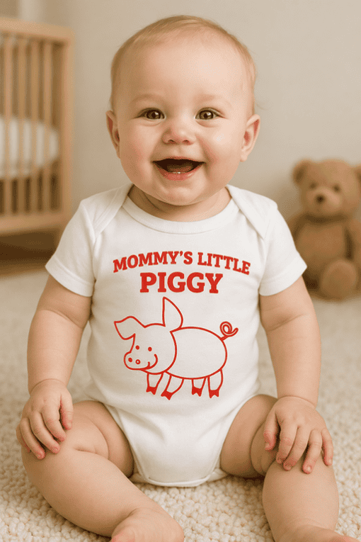 Cute baby wearing "Mommy's Little Piggy" T-shirt, adorable infant photo, perfect for kids' clothing fashion, T-shirtplease.com.