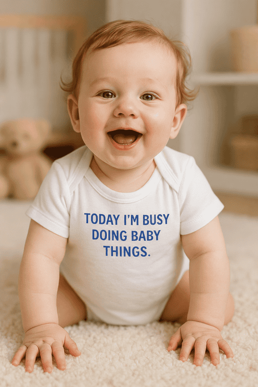 Cute baby wearing "Today I'm Busy Doing Baby Things" T-shirt for kids, adorable infant clothing, baby humor tee, newborn gift idea.