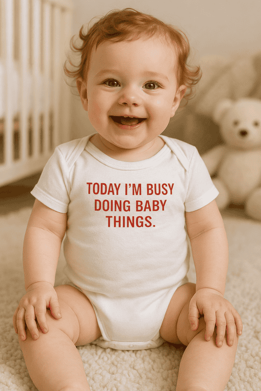 Cute baby wearing a white T-shirt with "Today I'm Busy Doing Baby Things" text, sitting on beige carpet with teddy bear in background.