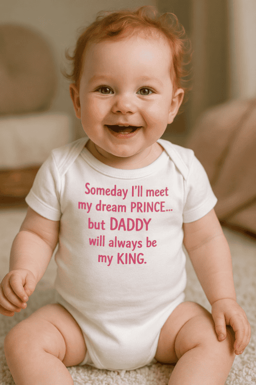 Cute baby in personalized T-shirt with heartfelt message for parents and family.
