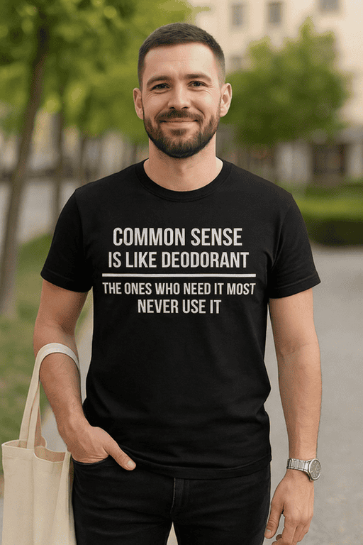 1. Funny men's T-shirt with common sense quote for casual wear.