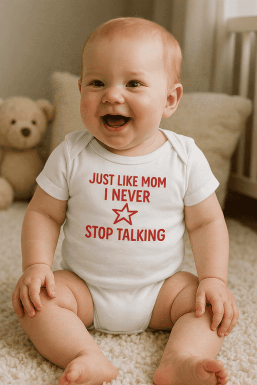 Cute Baby with Funny T-Shirt Saying "Just Like Mom I Never Stop Talking".