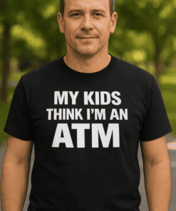 ATM humor t-shirt for adults, funny dad joke, casual graphic tee, unique gift idea for men and women.