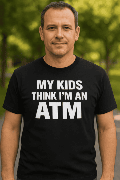 ATM humor t-shirt for adults, funny dad joke, casual graphic tee, unique gift idea for men and women.