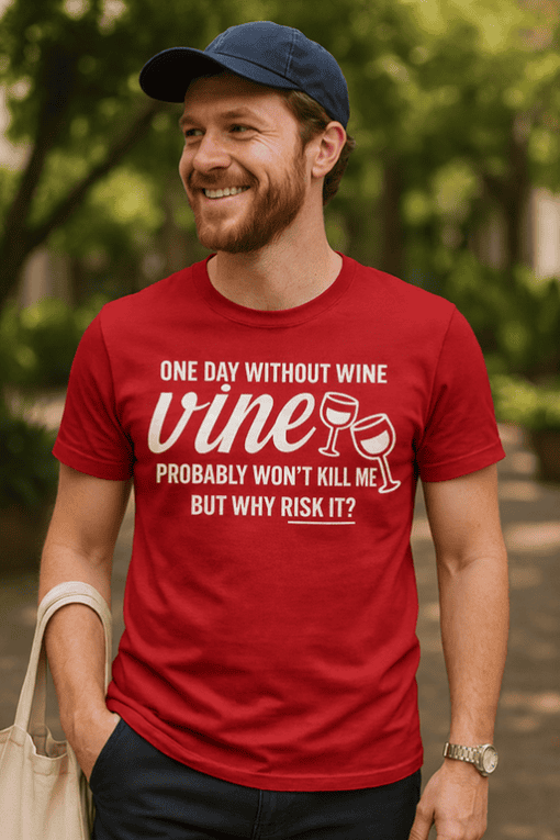 Wine lover T-shirt with humorous quote about wine and risk, perfect for casual wear and wine enthusiasts.