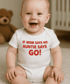 Cute baby wearing personalized baby onesie with funny slogan, perfect for family photos and gift ideas.