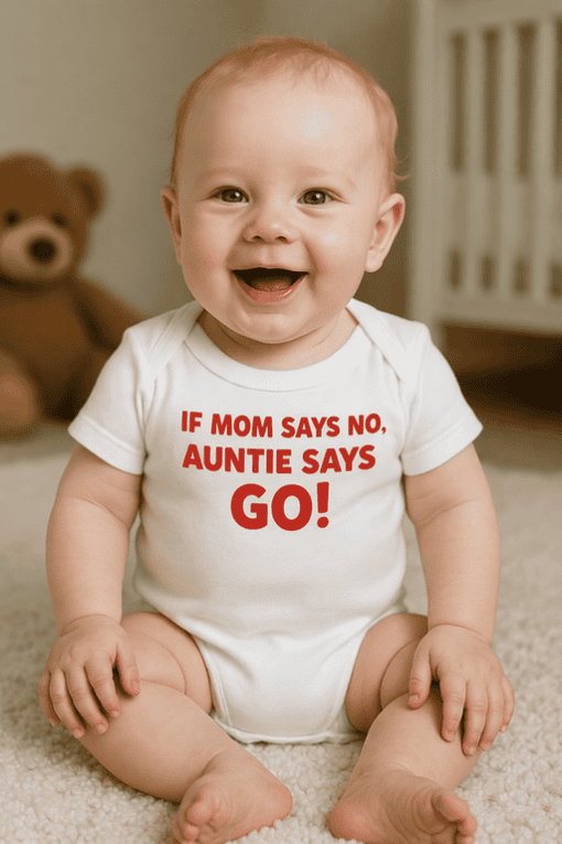 Cute baby wearing personalized baby onesie with funny slogan, perfect for family photos and gift ideas.