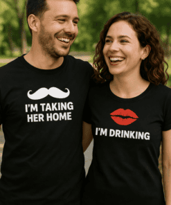 Mustache graphic with funny matching T-shirt for couples taking her home.