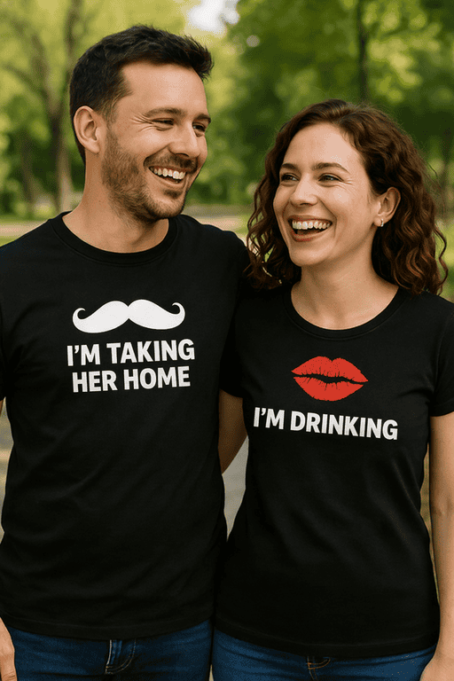 Mustache graphic with funny matching T-shirt for couples taking her home.