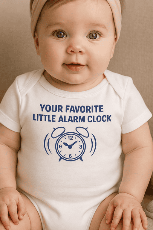 Alarm clock baby shirt, cute infant clothing, personalized baby gift, toddler message tee, fun baby shower shirt.