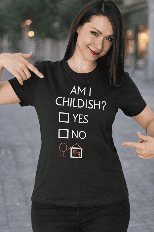 Cute novelty t-shirt with playful "Am I Childish?" design, perfect for casual wear and fun, humorous fashion statements.