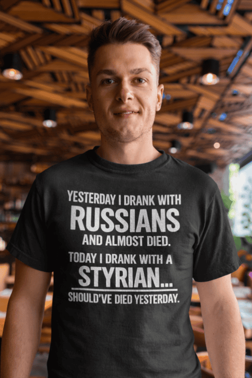 Russian and Syrian humor t-shirt, funny drink statement, casual men's graphic tee, unique gift for friends, novelty apparel.