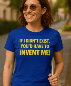 1. Funny woman wearing blue T-shirt with bold yellow text, outdoor background.