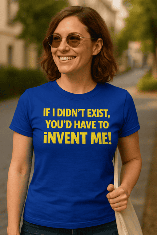 1. Funny woman wearing blue T-shirt with bold yellow text, outdoor background.