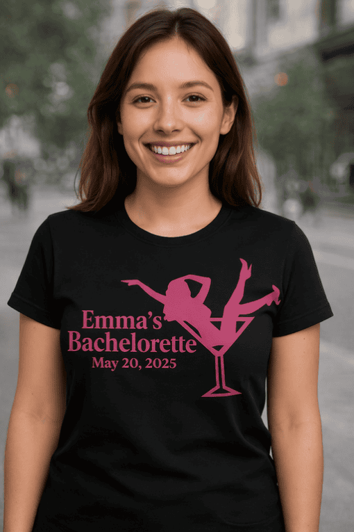 Custom bachelorette party T-shirt with graphic design and personalized event details for Emma's celebration.