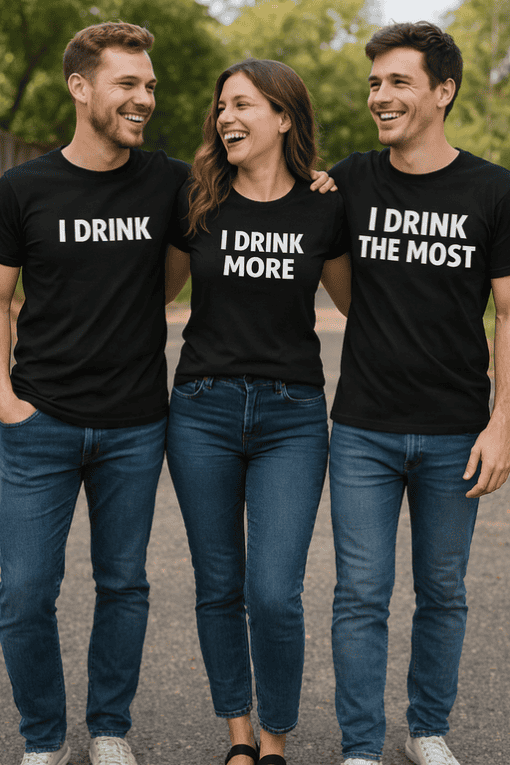 I DRINK MORE, I DRINK THE MOST, T-shirt, funny quotes, casual wear, friends, matching t-shirts, humorous apparel, trendy t-shirts, T-shirtplease.com.