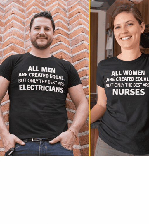 Electrician and nurse matching T-shirts for men and women, unique couple shirts, funny matching couple t-shirts, T-shirtplease.com.