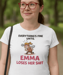 - Funny women's t-shirt with cartoon girl and sarcastic text.