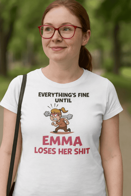 - Funny women's t-shirt with cartoon girl and sarcastic text.