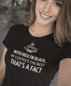 Coffee-themed humorous T-shirt for women, perfect for casual wear and coffee lovers.