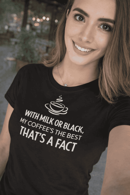 Coffee-themed humorous T-shirt for women, perfect for casual wear and coffee lovers.