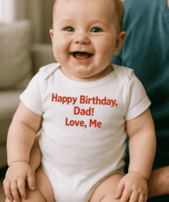 Cute baby with birthday-themed T-shirt celebrating dad's birthday, perfect for family celebrations.