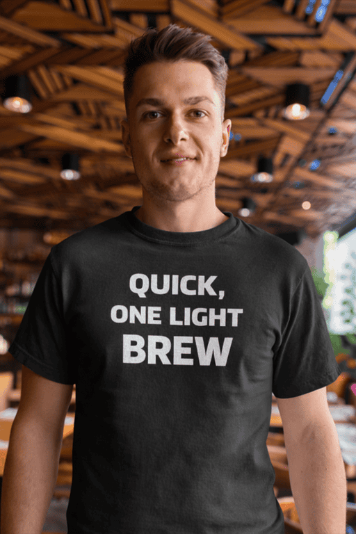Quick light brew coffee t-shirt, casual cafe graphic tee for coffee lovers, coffee-themed gift for men and women.