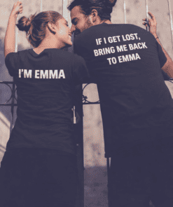 Lovable couple wearing matching Emma T-shirts celebrating friendship and humor.