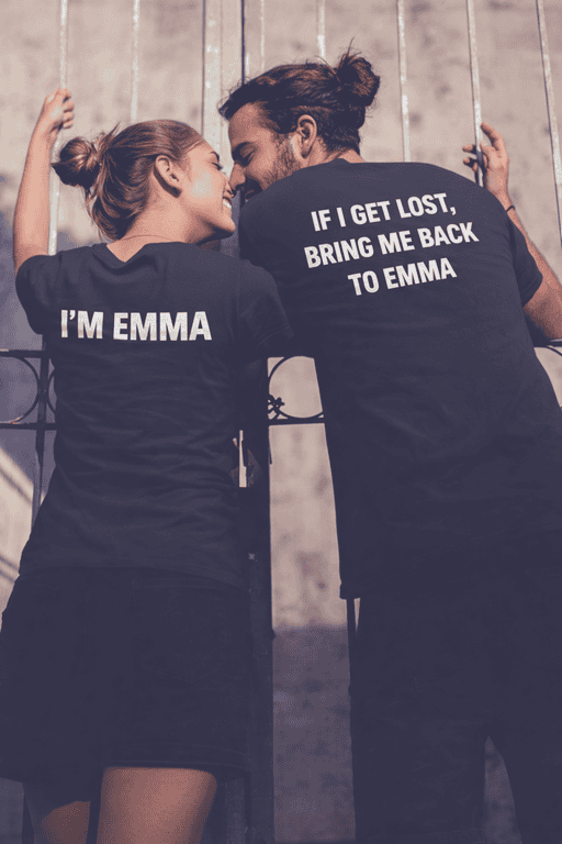 Lovable couple wearing matching Emma T-shirts celebrating friendship and humor.