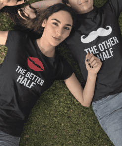 Matching couple t-shirts with playful sayings, perfect for couples' outfits and fun photo moments.