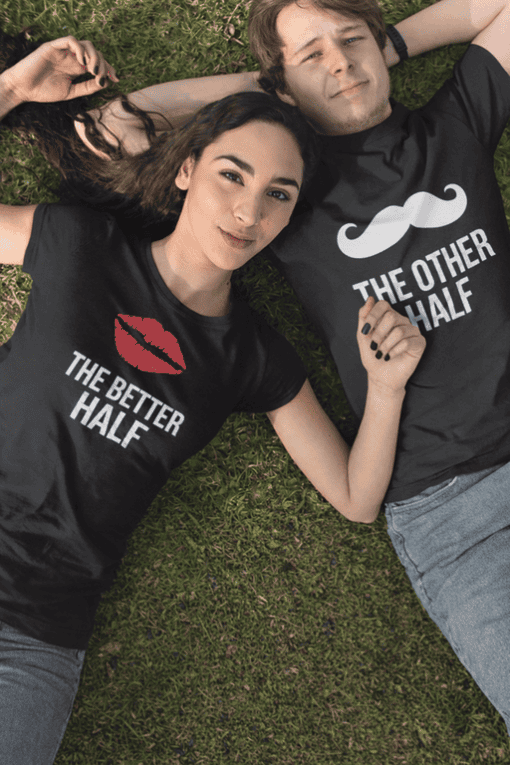 Matching couple t-shirts with playful sayings, perfect for couples' outfits and fun photo moments.