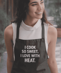 Smiling woman wearing a black apron with humorous cooking quote for kitchen or chef enthusiasts.