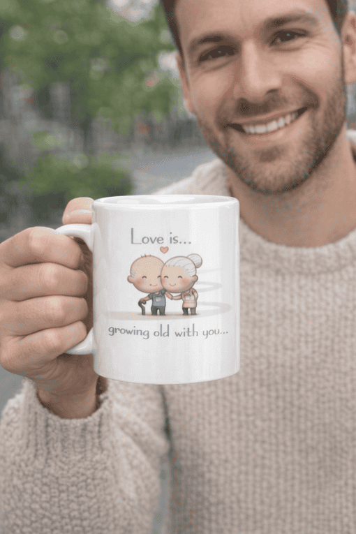 1. Cute couple love mug with cartoon old couple, perfect for anniversary or gift.