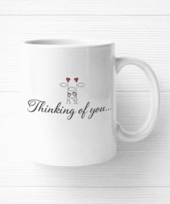 Heart balloons love illustration mug with "Thinking of you" message romantic gift for loved ones.