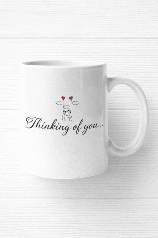 Heart balloons love illustration mug with "Thinking of you" message romantic gift for loved ones.