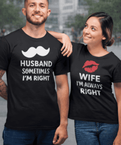 Man and woman wearing matching couple t-shirts, humorous matching couple t-shirt designs for husband and wife, T-shirtplease.com.