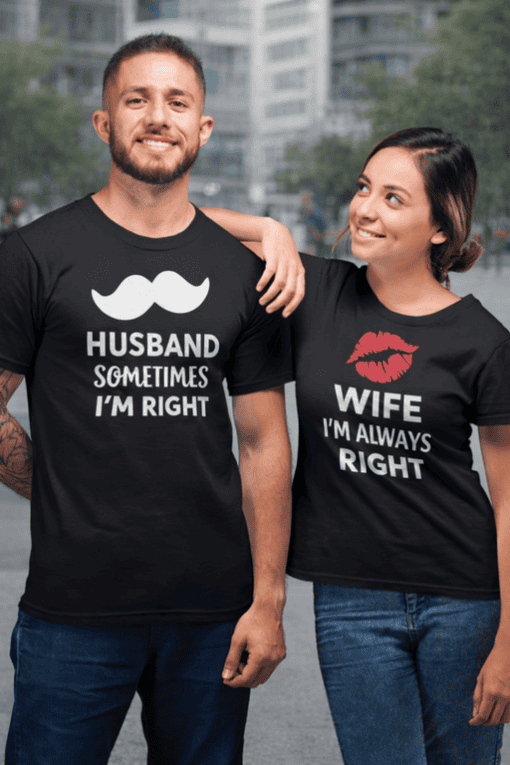Man and woman wearing matching couple t-shirts, humorous matching couple t-shirt designs for husband and wife, T-shirtplease.com.