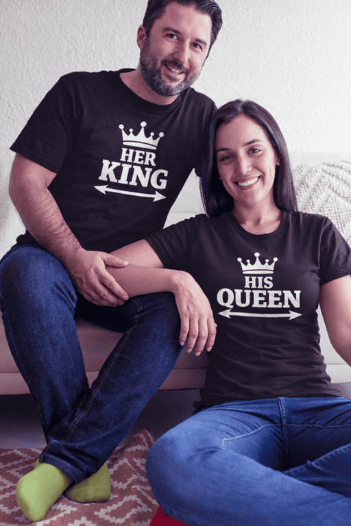 - Matching couple T-shirts with “Her King” and “His Queen” design, perfect for romantic gift ideas.