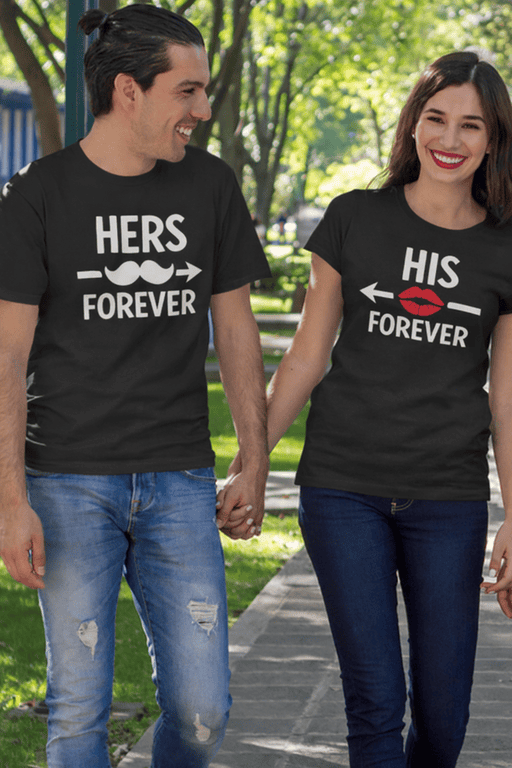 Matching couple T-shirts with "Hers Forever" and "His Forever" design, romantic partner clothing.