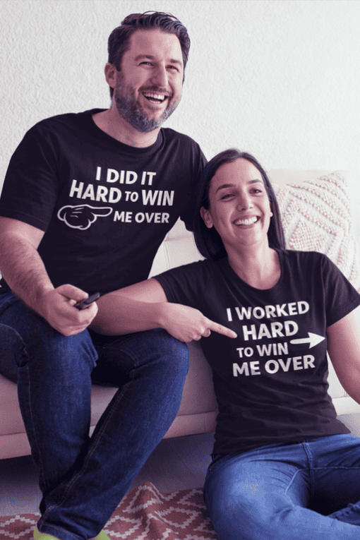 1. Funny couple wearing matching motivational T-shirts about success and perseverance.
