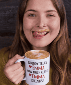 Coffee mug with personalized message, casual woman, coffee lover, latte art, cozy atmosphere, humorous gift, T-shirtplease.com style, fun coffee humor, trendy coffee mug, custom mug design.