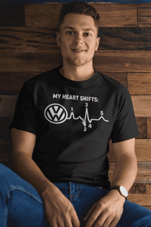 1. Funny Volkswagen heart shift T-shirt, casual unisex graphic tee.