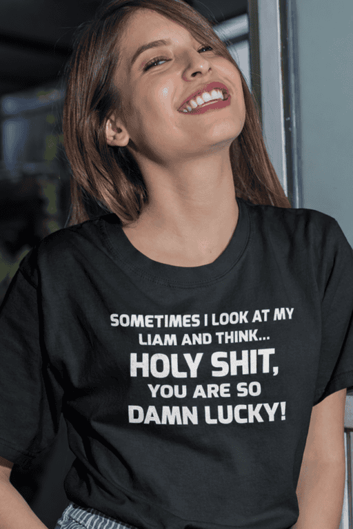 Funny graphic t-shirt with humorous quote about luck and Liam - perfect for casual wear and gift ideas.