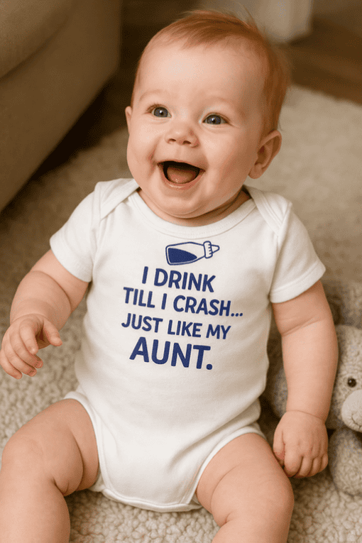 Drinking baby onesie with funny text for kids and infants.