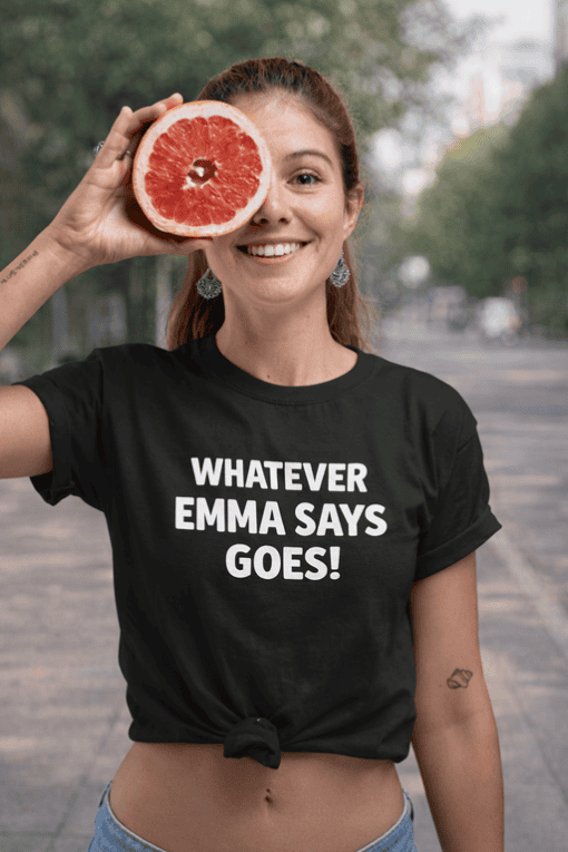 Grapefruit photo with woman wearing humorous T-shirt, outdoor casual street style.