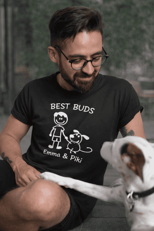 1. Custom black T-shirt with "Best Buds" meme design and personalized names Emma & Piki.